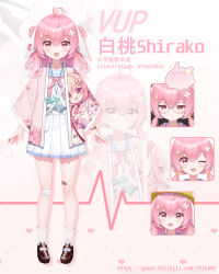  1girl ahoge animal_ears artist_name atsuishio bag bandaid bandaid_on_ear bandaid_on_finger bandaid_on_hand bandaid_on_thigh bilibili_username blue_sailor_collar brown_shoes cardiogram character_print chinese_commentary commentary_request crossed_bandaids double_bun flower frilled_skirt frilled_socks frills full_body gauze_on_knee hair_bun hair_flower hair_ornament hairclip handbag happi hat heart heart_ahoge high-waist_skirt highres indie_virtual_youtuber japanese_clothes light_blush lop_rabbit_ears low_twintails mary_janes medium_hair multiple_expressions neckerchief official_alternate_costume one_eye_closed open_happi open_mouth pink_eyes pink_hair pink_happi pink_neckerchief pleated_skirt pout print_happi rabbit_ear_footwear rabbit_ears rabbit_hair_ornament round_eyewear sailor_collar school_hat school_uniform self_character_print serafuku shirako_(vtuber) shoes shoulder_bag skirt socks solo twintails virtual_youtuber watch watch water_gun white_flower white_serafuku white_skirt white_socks zoom_layer 