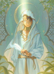  1boy blue_eyes collarbone dlektha1994 earrings eli_clark eli_clark_(lunar_phase) facial_mark feathers highres holding holding_feather identity_v jewelry looking_at_viewer male_focus neck_ring no_blindfold parted_lips puffy_sleeves robe rope single_earring veil white_robe white_veil 