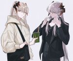  2girls alternate_costume alternate_hairstyle arknights bag bangs black_jacket black_pants black_shirt casual clothes_writing cup dual_persona eyebrows_visible_through_hair gap_(brand) grey_background grey_hair grey_hoodie hair_between_eyes holding holding_cup hood hoodie horns jacket long_hair long_sleeves looking_at_viewer multiple_girls pants pienahenggou ponytail rhine_lab_logo saria_(arknights) shirt simple_background very_long_hair yellow_eyes 