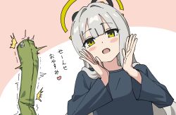  1girl :d ^^^ black_pajamas blue_archive blunt_bangs blush_stickers body_pillow commentary_request grey_hair hair_down hair_intakes hair_over_shoulder halo hands_up hare_(blue_archive) hare_(pajamas)_(blue_archive) heart long_hair long_sleeves looking_at_viewer momomatang official_alternate_costume official_alternate_hairstyle open_mouth pajamas pillow pink_background simple_background smile solo translated trembling two-tone_background upper_body white_background wide_sleeves yellow_eyes yellow_halo zipper 