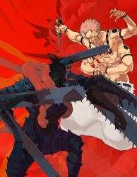  absurdres arm_tattoo chainsaw chainsaw_man chest_tattoo dakaeya demon denji_(chainsaw_man) fighting_stance forehead_tattoo highres intestines jujutsu_kaisen monster pochita_(chainsaw_man) ryoumen_sukuna_(jujutsu_kaisen) sharp_teeth shoulder_tattoo spiky_hair stomach_mouth tattoo teeth tongue_tattoo transformation wrist_tattoo 