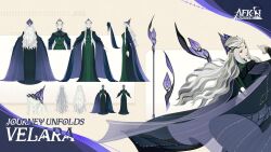  1girl afk_(series) afk_journey cape character_name circlet closed_mouth commentary copyright_name dress english_commentary eyeshadow facing_away floating_hair forehead gold_circlet green_dress holding holding_staff lips long_hair long_sleeves looking_at_viewer looking_back mage_staff makeup multiple_views official_art parted_bangs pointy_ears profile purple_eyeshadow purple_lips reference_sheet scales sidelocks staff velara_(afk) very_long_hair violet_eyes white_hair yellow_background 