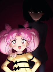  2girls bishoujo_senshi_sailor_moon black_dress black_eyes black_hair black_pantyhose blunt_ends chibi_usa cone_hair_bun double_bun dress hair_bun highres kibblebeans looking_at_viewer multiple_girls pantyhose pink_hair red_eyes shaded_face tomoe_hotaru twintails yellow_dress 