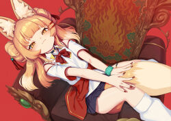  1girl :3 animal_ears armchair between_legs blush chair commentary_request double_bun fingernails fox_ears fox_tail hair_bun hair_ornament long_fingernails long_hair looking_at_viewer loose_socks orange_eyes orange_hair original red_nails seigetsu_kotaku sitting skirt smile socks solo tail tail_between_legs tassel tassel_hair_ornament 