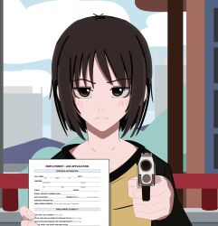  1girl black_shirt blue_sky blush brown_eyes brown_hair building city closed_mouth clouds cloudy_sky collarbone day door english_commentary gun half-closed_eyes handgun hands_up highres holding holding_gun holding_paper holding_weapon job_application_form_(meme) kurokimoko long_sleeves looking_at_viewer meme nakahara_misaki nhk_ni_youkoso! outdoors paper shirt short_hair sky skyscraper solo split_mouth two-tone_shirt upper_body weapon yellow_shirt 