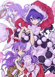  3girls :3 ^_^ absurdres animal_ears closed_eyes commentary_request doremy_sweet hat highres long_hair looking_at_viewer mugi_(mugimugi_9kv) multiple_girls necktie one_eye_closed own_hands_together pink_shirt pom_pom_(clothes) purple_hair rabbit_ears rabbit_girl red_hat red_necktie red_skirt reisen_udongein_inaba shirt skirt smile touhou 