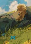  1boy blonde_hair blue_eyes blue_flower clouds commentary flower grass green_headwear green_shirt hat highres link looking_at_viewer lying male_focus on_back on_grass outdoors pisu_1107 portrait shirt short_hair sky solo symbol-only_commentary the_legend_of_zelda 
