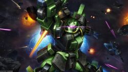  absurdres asteroid battle cable debris energy_beam energy_sword explosion glowing glowing_eye gundam gundam_battle_operation_2 heat_hawk highres lens_flare machinery mecha mecha_focus missile_pod mobile_suit nebula no_humans official_art one-eyed painting_(medium) realistic robot scan science_fiction space star_(sky) sword tenjin_hidetaka thrusters traditional_media weapon zaku_ii zaku_ii_hmt zeon zero_gravity 
