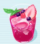  artist_name blueberry chai_(drawingchisanne) drink food food_focus fruit glass ice ice_cube no_humans original simple_background sitting strawberry striped striped_background sweets_bird 