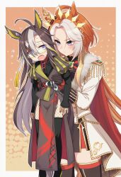  ahoge animal_ears blue_eyes bow brown_hair dream_journey_(reminder_of_dreamland)_(umamusume) dream_journey_(umamusume) dress ear_bow ear_covers ear_ornament eyewear_strap glasses hair_intakes hair_over_one_eye hasirupan2 highres horse_ears horse_girl horse_tail lace lace_sleeves long_hair multicolored_hair multiple_girls orange_hair orfevre_(control)_(umamusume) orfevre_(umamusume) single_ear_cover single_hair_intake stay_gold_clan_(umamusume) tail two-tone_hair umamusume violet_eyes white_hair 