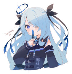 1girl black_dress black_sleeves blue_eyes blue_feathers blue_hair blush_stickers closed_mouth commentary copyright_request cropped_torso detached_sleeves dress feathers hair_over_one_eye halo happy_birthday highres holding holding_feather long_hair long_sleeves looking_at_viewer meito_(maze) puffy_long_sleeves puffy_sleeves simple_background sleeves_past_wrists solo twintails two_side_up upper_body very_long_hair white_background