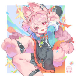  1girl accessories animal_ear_fluff animal_ears animal_feet arms_up black_dress bright_pupils carrot claws dosol dress ear_piercing furry furry_female green_shirt hair_ornament legband medallion o-ring_necktie open_mouth orange_skirt piercing pink_fur pink_hair rabbit_ears rabbit_girl rabbit_pose red_eyes screw shirt short_eyebrows skirt solo sparkle teeth thick_eyebrows thigh_strap twintails upper_teeth_only white_pupils zenless_zone_zero zhao_(zenless_zone_zero) 