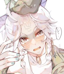  1boy blush braid bruise bruised_eye facial_mark fang green_nails head_tilt highres identity_v injury looking_at_viewer luca_balsa luca_balsa_(viper) male_focus official_alternate_costume open_mouth petting speech_bubble toramledak twin_braids white_hair 