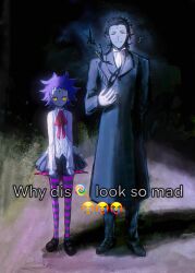  1boy 1girl abstract_background black_background black_butterfly black_coat black_hair black_pants black_shoes black_skirt blush_stickers bug butterfly butterfly_on_hand child coat colored_skin d.gray-man dagger dress_shirt facial_mark forehead_mark frown gloves glowing glowing_eyes green_background grey_background grey_skin grey_thighhighs hair_slicked_back highres holding holding_dagger holding_knife holding_weapon humming knife long_coat looking_at_viewer mary_janes mature_male meme messy_hair miniskirt mole mole_under_eye neckerchief night noah_(d.gray-man) one_eye_closed oxfords pants pink_thighhighs pleated_skirt purple_hair red_ribbon ribbon road_kamelot shirt shoes short_hair sidewalk skirt smile sonambulista spiky_hair teez_(d.gray-man) thigh-highs two-tone_thighhighs tyki_mikk weapon white_gloves white_neckerchief white_shirt why_dis_ninja_look_so_mad_(meme) yellow_eyes 