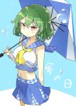  1girl alternate_costume blue_background blue_sailor_collar blue_skirt blue_umbrella bubble closed_mouth cowboy_shot eyebrows_visible_through_hair green_hair holding holding_umbrella kazami_yuuka looking_at_viewer matsu_kitsune navel neckerchief plaid red_eyes sailor_collar shirt short_hair skirt sleeveless solo standing touhou touhou_lost_word umbrella white_shirt white_umbrella yellow_neckerchief 