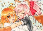  2girls ahoge animal_collar animal_ear_fluff animal_ears animal_hands animal_print apron bangs bell blush breasts cat_paws cat_print closed_eyes collar commentary_request eyebrows_visible_through_hair fang fate/grand_order fate_(series) fox_ears fox_girl fox_tail fujimaru_ritsuka_(female) hair_between_eyes imminent_hug jingle_bell long_hair long_sleeves looking_at_another maid_apron maid_headdress multiple_girls neck_bell one_eye_closed open_mouth orange_eyes orange_hair pink_hair ponytail puffy_sleeves red_collar shirt short_sleeves side_ponytail simple_background smile sweatdrop tail tamamo_(fate) tamamo_cat_(fate) tamamo_cat_(second_ascension)_(fate) teeth traditional_media upper_body white_shirt yukkurisarasa 