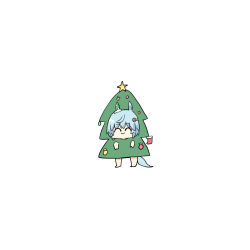 1girl ^_^ animal_ears barefoot blue_hair chibi christmas_ornaments christmas_stocking christmas_tree_costume closed_eyes closed_mouth facing_viewer hair_between_eyes highres horse_ears horse_girl horse_tail kawamochi_(tddm3573) seiun_sky_(umamusume) simple_background smile solo standing star_(symbol) tail umamusume white_background 