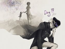  1girl aklirkiefer bandaged_knees black_cape black_jacket brook_(one_piece) buttons cape crazy_eyes english_text gloves goggles goggles_on_headwear grey_background gunko hat highres inktober jacket long_sleeves mask mouth_mask no_pants one_piece peaked_cap remembering rogatywka silhouette white_gloves wide_sleeves 