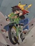  1boy backwards_hat bangs belt belt_buckle black_shirt blue_pants brown_belt buckle bulbasaur from_below hat highres jacket looking_down lower_teeth male_focus open_clothes open_jacket open_mouth pants pikachu pokemon pokemon_adventures red_(pokemon) red_eyes red_headwear red_jacket riding_bicycle sakanobo_(sushi1021) shirt shoes short_hair short_sleeves smoke spread_legs symbol-only_commentary teeth tongue 