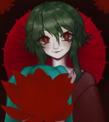  2girls absurdres aqua_hair closed_mouth flower green_hair gumi hair_between_eyes hatsune_miku highres long_hair looking_at_viewer lotus medium_hair multiple_girls oil-paper_umbrella oni_to_kitsune_no_hanashi red_eyes red_flower sidelocks smile solo_focus styaklo twintails umbrella vocaloid 