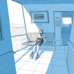  1boy 1girl 1other absurdres bag bag_on_lap bandaid bandaid_on_knee bandaid_on_leg blue_theme ceiling city commentary_request floor hair_ornament hairpin hatching_(texture) highres horizon hospital indoors linear_hatching monochrome ocean original painting_(object) pleated_skirt ryaw sailor_collar school_bag shadow shoes shopping_bag sitting skirt sliding_doors socks window 