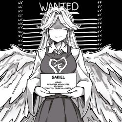  1girl absurdres angel angel_wings character_name dress feathered_wings genderswap genderswap_(otf) greyscale hayoibu height_chart height_mark highres holding holding_sign long_hair long_sleeves monochrome mugshot multiple_wings sariel_(touhou) seraph shirt sign smile touhou touhou_(pc-98) upper_body wanted_poster white_wings wide_sleeves wings 