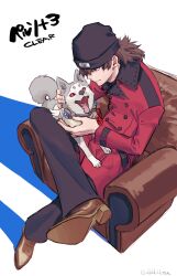  1boy aragaki_shinjirou armband armchair beanie black_hat black_pants brown_eyes brown_hair brown_shoes buttons chair closed_mouth coat commentary_request dog double-breasted evoker from_above full_body grey_dog hand_on_another&#039;s_head hat koromaru_(persona) lapels long_sleeves looking_at_animal male_focus medium_hair ohhhhhhtsu on_chair pants persona persona_3 red_armband red_coat red_eyes s.e.e.s shadow shoes sitting smile tongue tongue_out translation_request twitter_username white_background 