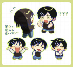  >_< 1boy 1girl :d ? ?? arms_up black_eyes black_hair black_sweater black_sweater_vest blue_pants blue_skirt border chibi chibi_only collared_shirt cousins crazy_eyes drooling flying_sweatdrops full_body futsuu_no_keion-bu grid_background hair_ornament hairpin half-closed_eyes kouyama_rin kuma_vs_inu mouth_drool multiple_views open_mouth pants pixie_cut scene_reference shirt short_hair skirt smile standing sweater sweater_vest taguchi_ryuuya tongue tongue_out white_shirt 