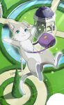  :3 aqua_eyes cat day earrings full_body grey_fur highres jewelry looking_at_viewer no_humans official_art outdoors puck_(re:zero) purple_bag re:zero_kara_hajimeru_isekai_seikatsu single_earring 