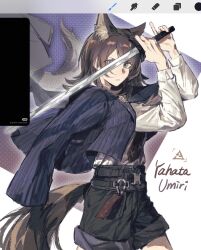  1girl animal_ears arknights art_program_in_frame bang_dream! bang_dream!_it&#039;s_mygo!!!!! black_hair black_shorts blue_eyes blue_jacket character_name closed_mouth cowboy_shot highres holding holding_sword holding_weapon jacket jacket_on_shoulders kemonomimi_mode long_sleeves looking_at_viewer medium_hair shirt shorts solo standing sword tail weapon white_shirt wo_yao_yangren_si wolf_ears wolf_girl wolf_tail yahata_umiri yahata_umiri_(moonlight_executioner) 