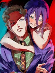  1boy 1girl artist_name black_hair blonde_hair blue_eyes blush chainsaw_man diamond_wa_kudakenai formal_clothes highres hug hug_from_behind jojo_no_kimyou_na_bouken kira_yoshikage necktie orion_on_rio pinstripe_pattern pinstripe_shirt purple_suit reze_(chainsaw_man) shirt signature sleeveless sleeveless_shirt suit 