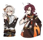  ! 2boys ahoge armor bangs blush closed_mouth cosplay costume_switch crossed_bangs genshin_impact green_eyes grey_hair gyoju_(only_arme_nim) hair_between_eyes hand_on_hip highres japanese_armor japanese_clothes kaedehara_kazuha kote kurokote male_focus multicolored_hair multiple_boys open_mouth parted_lips red_eyes redhead shikanoin_heizou simple_background streaked_hair sweat symbol-only_commentary tassel upper_body white_background 