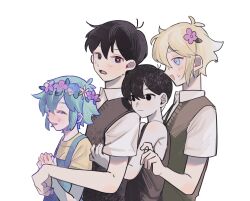  4boys :d ^_^ antenna_hair aqua_hair armpit_crease bare_arms bare_shoulders basil_(faraway)_(omori) basil_(headspace)_(omori) basil_(omori) behind_another black_eyes black_hair black_sweater_vest black_tank_top blonde_hair blue_eyes blue_flower blue_overalls blue_rose bright_pupils closed_eyes collared_shirt colored_skin commentary double-parted_bangs dual_persona empty_eyes flipped_hair flower flower_wreath from_side green_sweater_vest hair_behind_ear hair_between_eyes hair_flower hair_ornament head_wreath highres leaf looking_at_another looking_at_viewer male_focus momi_omori multiple_boys no_pupils omori omori_(omori) open_mouth overalls pink_flower profile rose shirt short_hair short_sleeves sidelocks sideways_mouth simple_background smile sunny_(omori) sweat sweater_vest symbol-only_commentary t-shirt tank_top tongue upper_body very_short_hair white_background white_flower white_pupils white_shirt white_skin yellow_shirt 