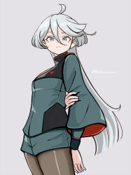  1girl ahoge arm_behind_back artist_name asticassia_school_uniform blunt_ends breasts closed_mouth cowboy_shot frown green_jacket green_shorts grey_background grey_eyes grey_hair grey_pantyhose gundam gundam_suisei_no_majo hair_between_eyes hand_on_own_arm highres jacket long_hair long_sleeves looking_at_viewer medium_breasts miorine_rembran norixio pantyhose school_uniform shorts simple_background solo twitter_username 