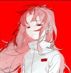  1boy chinese_commentary closed_mouth colored_eyelashes eyebrows_behind_hair frown hair_intakes hatsutori_hajime incycle long_hair looking_down male_focus pink_hair red_background red_eyes red_theme saibou_shinkyoku shirt simple_background sketch solo white_shirt 
