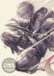  152_in_can 1boy black_pants black_shirt dated dynamic_pose fate/grand_order fate_(series) highres hood hooded_jacket jacket katana open_clothes open_jacket pants profile prosthesis prosthetic_arm prosthetic_leg scar scar_on_face scar_on_forehead sheath shirt solo sword toudou_heisuke_(fate) turtleneck unsheathing v-neck weapon white_hair white_shirt 