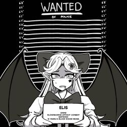  1girl absurdres bat_wings bow character_name elis_(touhou) english_text facial_mark fang flower greyscale hair_bow hair_flower hair_ornament hayoibu height_chart height_mark highres holding holding_sign long_hair long_sleeves looking_at_viewer monochrome mugshot open_mouth pointy_ears shirt sign solo star_(symbol) star_facial_mark sweatdrop touhou touhou_(pc-98) upper_body wings 