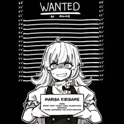  1girl ahoge bow braid buttons character_name english_text greyscale grin hair_bow hayoibu height_chart height_mark highres holding holding_sign kirisame_marisa long_hair looking_at_viewer monochrome mugshot short_sleeves sign single_braid smile solo sweatdrop touhou upper_body vest 