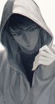  1boy bangs closed_mouth earrings facial_hair hand_up hood hood_up hoodie jewelry long_sleeves looking_at_viewer male_focus meitantei_conan monochrome oghr portrait scotch_(meitantei_conan) short_hair simple_background sleeves_past_wrists solo stubble turtleneck 
