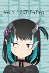  1girl akitetsu bangs black_dress black_hair blue_hair bright_pupils broken_horn closed_mouth demon_girl demon_horns dress expressionless eye_hair_ornament eyebrows_visible_through_hair fang grey_horns happy_birthday highres horns looking_to_the_side medium_hair multicolored_hair official_alternate_costume one_side_up pointy_ears red_eyes shishio_chris slit_pupils solo sugar_lyric two-tone_hair virtual_youtuber white_pupils 