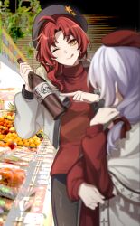  2girls ;q beret black_hat bottle commentary fur-trimmed_jacket fur_trim hair_ribbon hat hat_ornament holding holding_bottle honkai_(series) honkai_impact_3rd jacket long_sleeves meme multiple_girls murata_himeko one_eye_closed pointing ponytail red_hair red_hat red_ribbon red_shirt ribbon shirt star_(symbol) star_hat_ornament tana_(tanabio) teri_derp_(meme) theresa_apocalypse tongue tongue_out turtleneck turtleneck_shirt white_hair white_jacket wine_bottle yellow_eyes 
