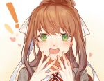  ! !! 1girl :d bangs brown_hair brown_jacket chinese_commentary doki_doki_literature_club green_eyes hands_on_own_face happy heart high_ponytail highres jacket long_hair monika_(doki_doki_literature_club) neck_ribbon open_clothes open_jacket portrait puruii red_ribbon ribbon shirt smile solo teeth upper_teeth white_shirt 