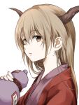  1girl absurdres alternate_costume bangs expressionless eyebrows_visible_through_hair gourd hair_between_eyes highres holding horns ibuki_suika japanese_clothes kimono long_hair looking_at_viewer parted_lips shimoda_masaya single_horn solo touhou upper_body white_background 