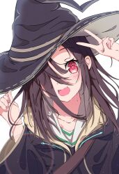  1girl :d absurdres adjusting_clothes adjusting_headwear black_hair black_robe blush fangs hair_over_one_eye hand_on_headwear hat heaven_burns_red highres long_hair looking_at_viewer open_mouth red_eyes robe sailor_collar school_uniform smile solo takato_(takato_kwhra) tenne_miko upper_body v witch witch_hat 