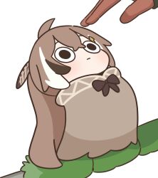  1girl 1other absurdly_long_hair ahoge arched_back bloodymoonia brown_cloak brown_hair cloak feather_hair_ornament feathers fingerless_gloves gloves hair_ornament highres hololive hololive_english long_hair multicolored_hair nanashi_mumei ponytail sitting_on_branch solid_circle_eyes streaked_hair very_long_hair virtual_youtuber white_hair 