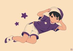  1boy baseball_cap black_eyes black_hair closed_mouth crew_neck frown hand_on_own_head hat head_rest looking_at_viewer lying male_focus noeyebrow_(mauve) on_side original purple_hat purple_shirt purple_trim shirt short_hair short_sleeves shorts simple_background socks solo star_(symbol) uneven_eyes white_shorts white_trim 