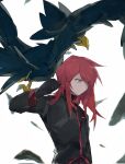  1boy bangs bird black_gloves black_jacket blurry closed_mouth commentary feathers frown gloves grey_eyes hand_up highres jacket long_hair looking_down male_focus murkrow pokemon pokemon_(creature) pokemon_adventures redhead sakanobo_(sushi1021) silver_(pokemon) upper_body 