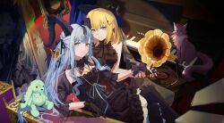  3girls absurdres animal_ears animalization arknights ascot ave_mujica_(bang_dream!) bang_dream! bang_dream!_it&#039;s_mygo!!!!! black_ascot black_dress black_gloves black_horns black_pantyhose black_ribbon blonde_hair blue_hair cat closed_mouth commentary_request crossed_legs curled_horns detached_collar dog_ears dog_girl dress frilled_dress frills gloves green_hair hair_ribbon highres holding_hands horns instrument interlocked_fingers kemonomimi_mode long_hair looking_at_viewer medium_hair misumi_uika misumi_uika_(caged_singer) multiple_girls pantyhose phonograph piano picture_frame portrait_(object) purple_cat rabbit_ears ribbon sidelocks sitting sitting_on_throne smile stuffed_animal stuffed_rabbit stuffed_toy togawa_sakiko togawa_sakiko_(master_of_melodia) two_side_up violet_eyes wakaba_mutsumi wakaba_mutsumi_(marionette&#039;s_id) wolf_zzzzz yahata_umiri yahata_umiri_(moonlight_executioner) yellow_eyes yuutenji_nyamu yuutenji_nyamu_(magician_of_passion) 