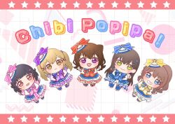 5girls :d bang_dream! black_hair blonde_hair blue_eyes blush bow brown_hair chibi chibi_only cropped_jacket earrings english_text frilled_skirt frown green_eyes grin hair_bun hair_ornament hanazono_tae hat highres ichigaya_arisa light_brown_hair long_hair pink_eyes ponytail short_hair smile star_hair_ornament toyama_kasumi twintails ushigome_rimi violet_eyes x_hair_ornament yamabuki_saya yellow_eyes