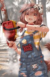  1girl :3 absurdres animal_collar animal_ears blank_eyes braid brown_hair chainsaw character_print clothes_writing collar commentary_request cosplay cowboy_shot crazy denim_overalls dog_ears dog_girl dog_tail dot_nose extra_ears fangs fog hair_ornament highres holding holding_chainsaw hololive inugami_korone listener_(inugami_korone) log_cabin looking_at_viewer mask mask_on_head open_mouth outdoors overalls red_collar shaded_face shirt short_sleeves single_off_shoulder solo splatter striped_clothes striped_shirt sunlight tail tongue tongue_out torn_clothes twin_braids two-tone_shirt virtual_youtuber 